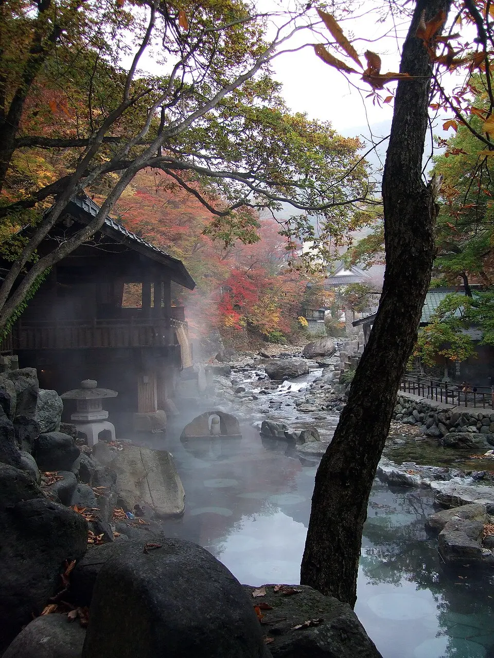Riverside outdoor baths at Takaragawa Onsen in an older photograph